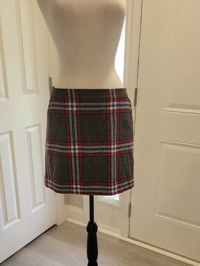 Boden Heritage British Tweed Gray Plaid Mini Skirt with Red & Blue Stripes